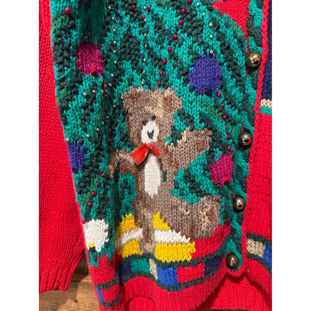 Vintage Capezio Christmas Cardigan Red Santa Tree Teddy Bear Jingle Bell Medium - Picture 4 of 7